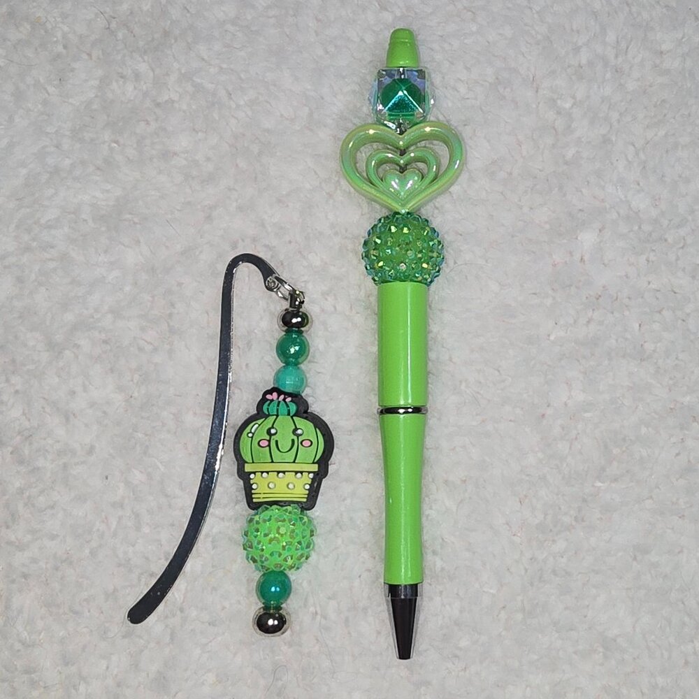 Cute Green Cactus Pen-Bookmark Set, Kawaii Stationery Gift, Beaded Charm Silver